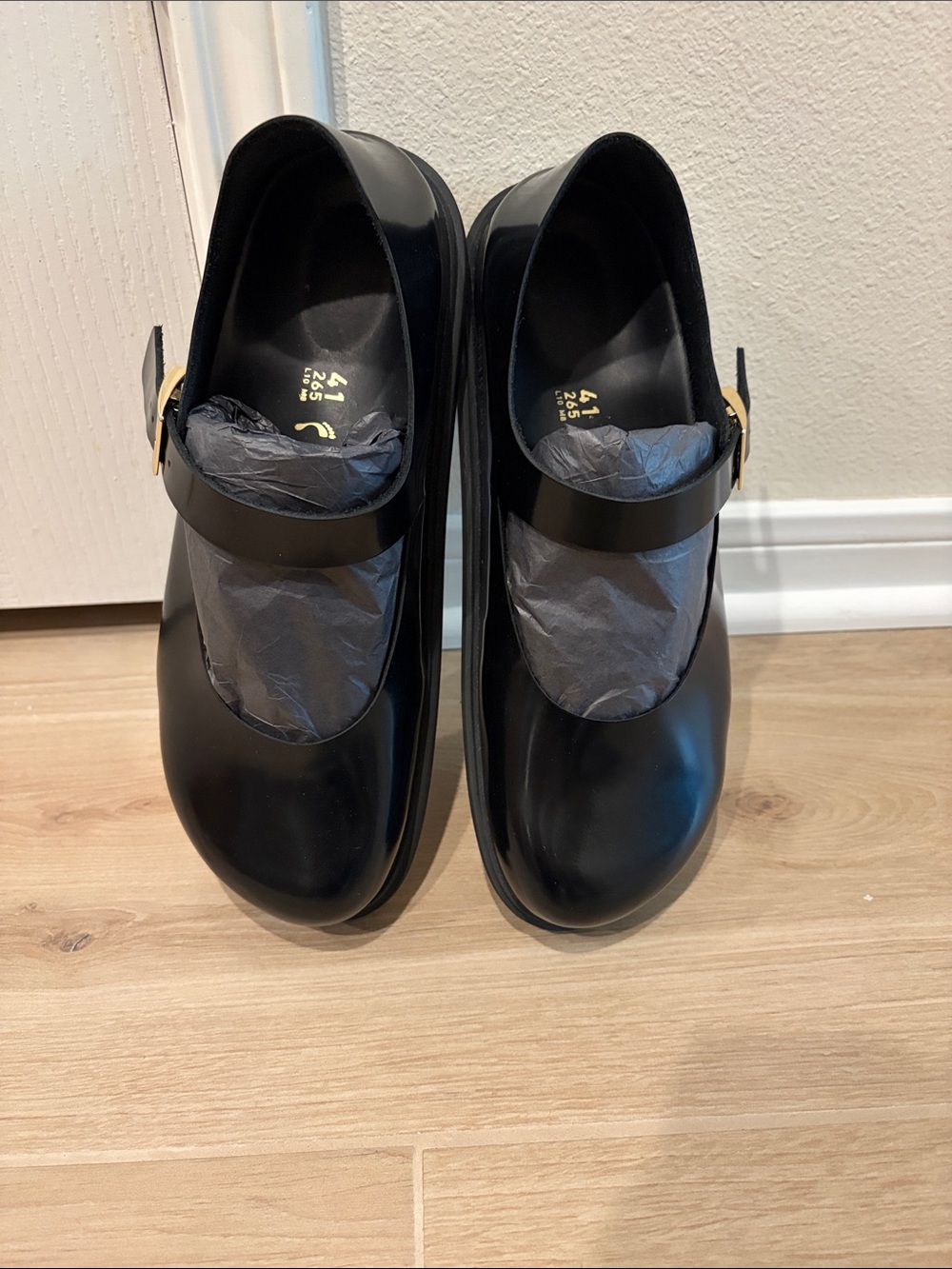 Birkenstock Black Patent Mary Jane Flats with Gold Buckle